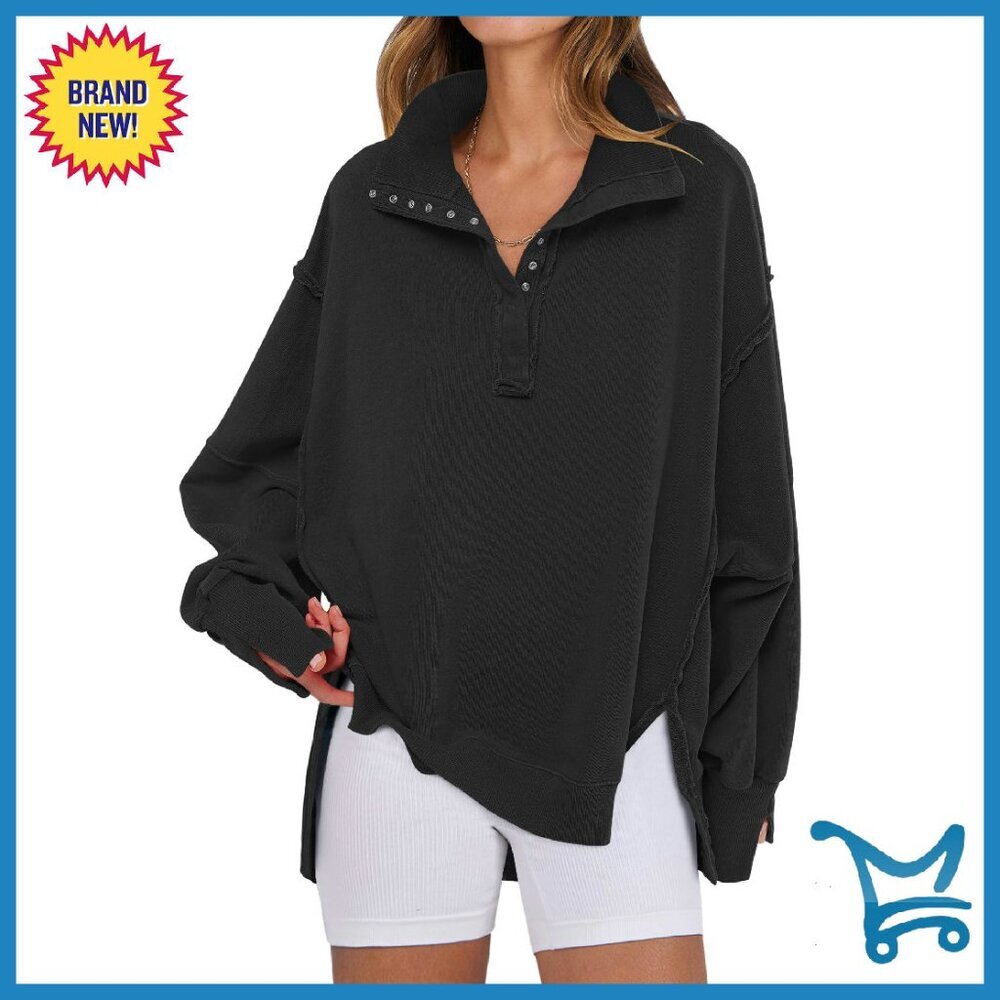 Oversized Henley Sweatshirt, Rayon Polyester Blend, High Low Split - Picture 1 of 8